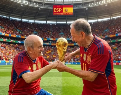 José Aran y Francisco Juan, misioneros españoles nonagenarios en la India, redifundidos en redes, con IA, como campeones de fútbol